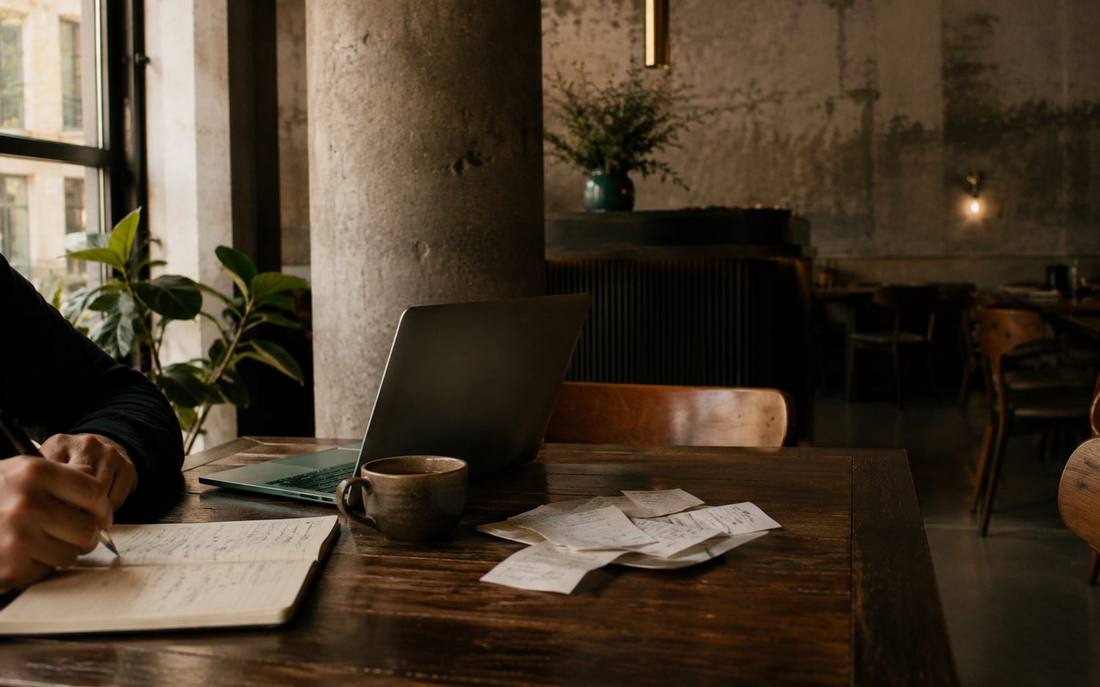 Mesa de trabajo con documentación de un negocio de hostelería