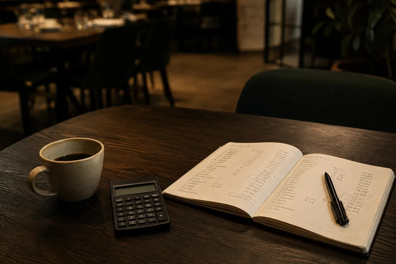 Libreta con cuentas manuscritas, calculadora y café sobre la mesa de un restaurante cerrado