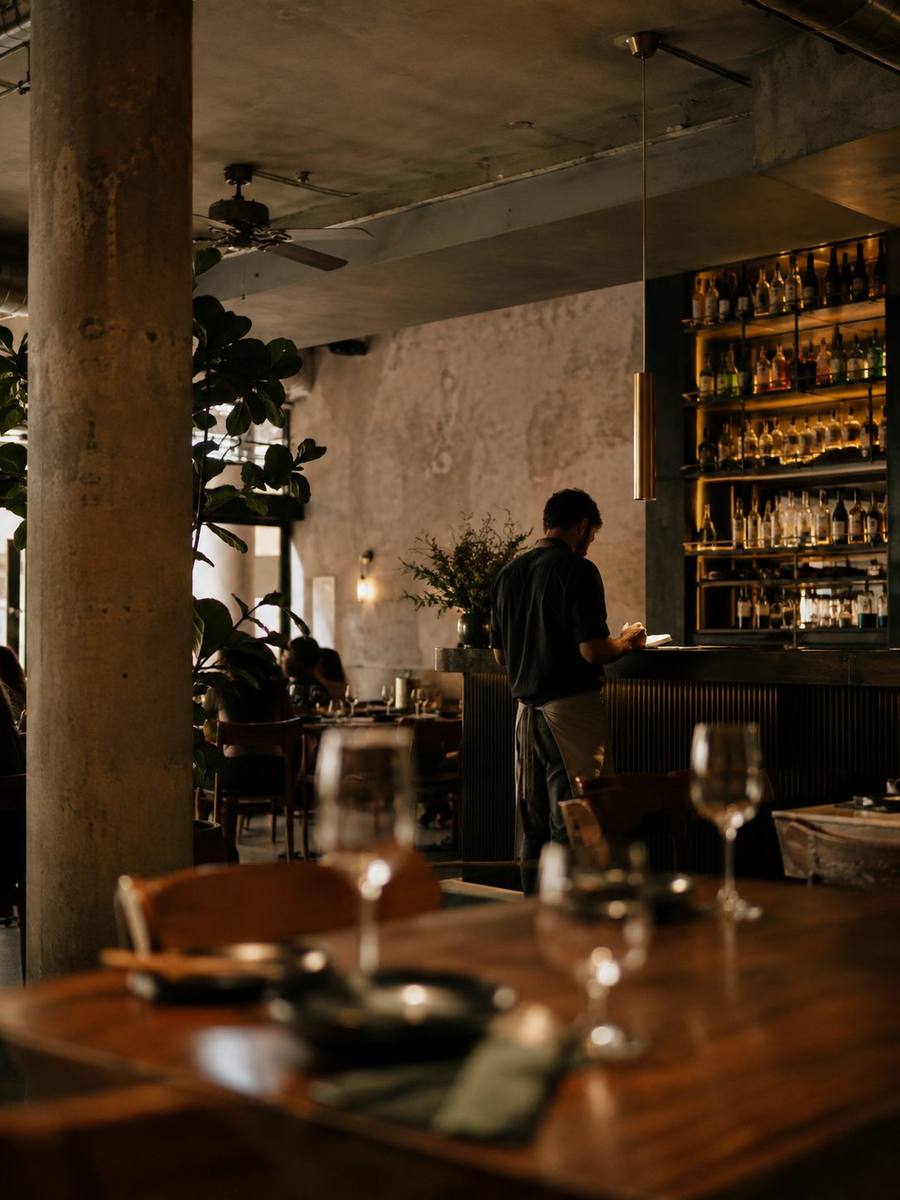 Camarero atendiendo la barra de un restaurante durante el servicio